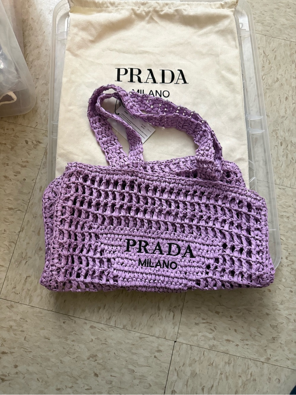 Prada Lavender Crochet Tote with PRADA Milano Logo